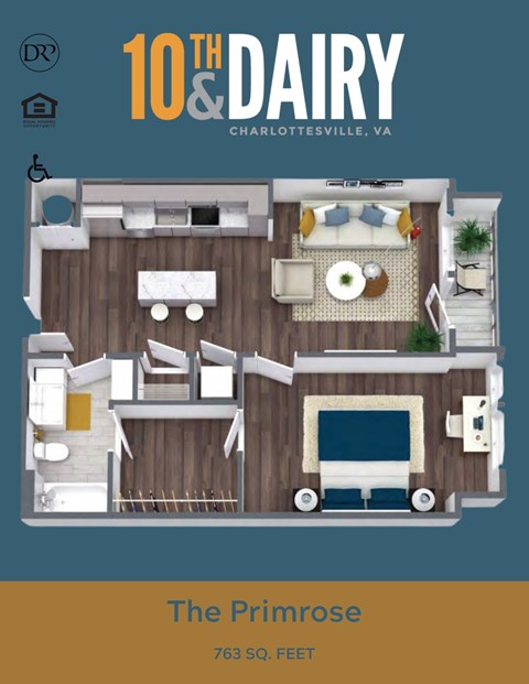 Floor plan for 1 bed, 1 bath, 763 sqft